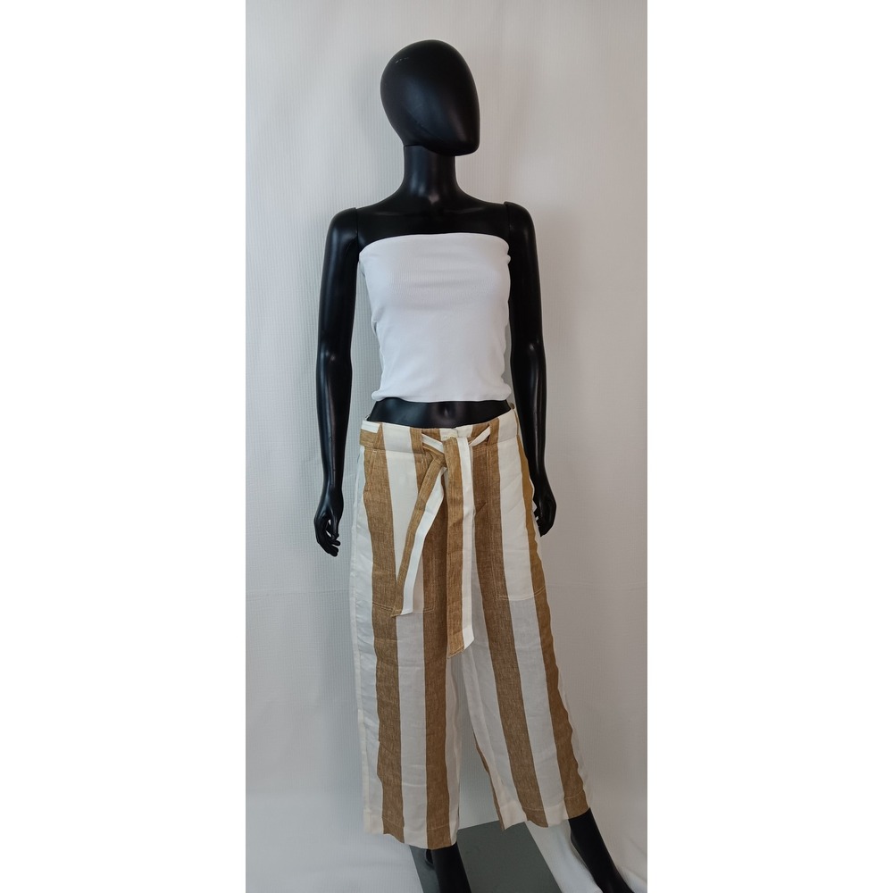 J.Crew Women Brown Tan Striped Linen Slack Pants Belted Size 6